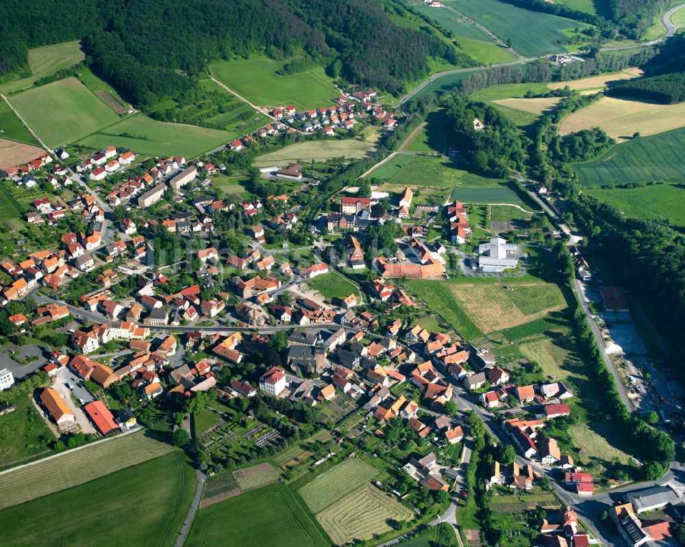 Ershausen aus der Vogelperspektive: Stadtrand mit landwirtschaftlichen Feldern in Ershausen im Bundesland Thüringen, Deutschland
