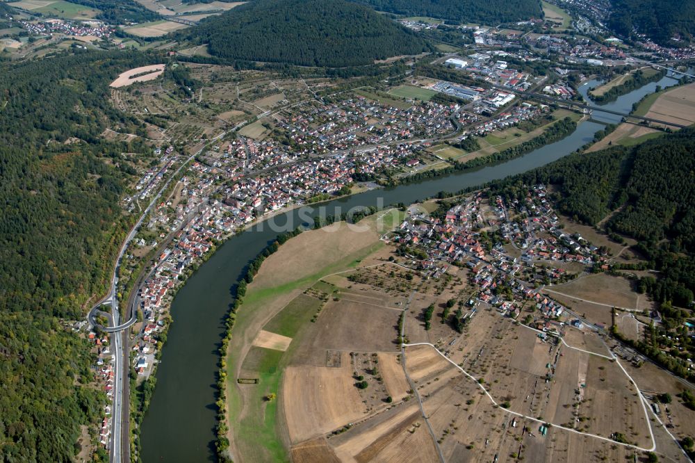 Langenprozelten von oben - Stadtrand mit landwirtschaftlichen Feldern in Langenprozelten im Bundesland Bayern, Deutschland