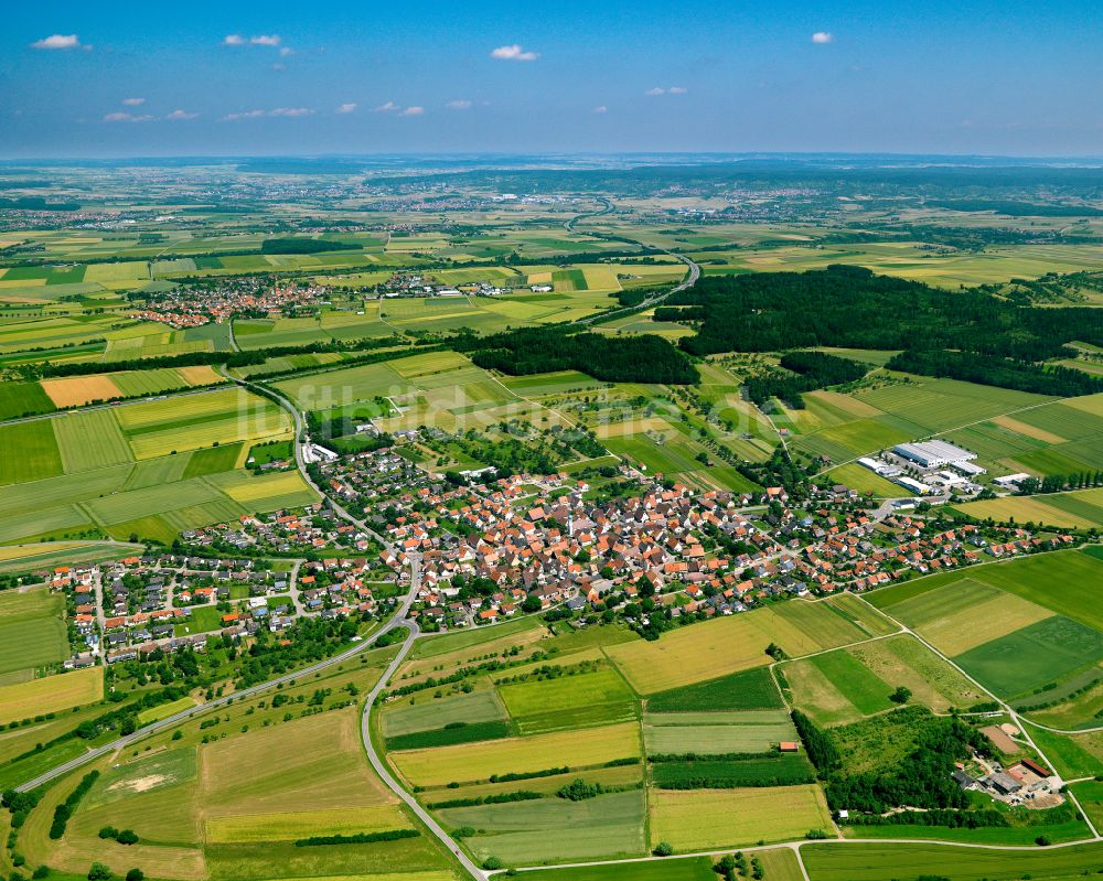 Seebronn aus der Vogelperspektive: Stadtrand mit landwirtschaftlichen Feldern in Seebronn im Bundesland Baden-Württemberg, Deutschland