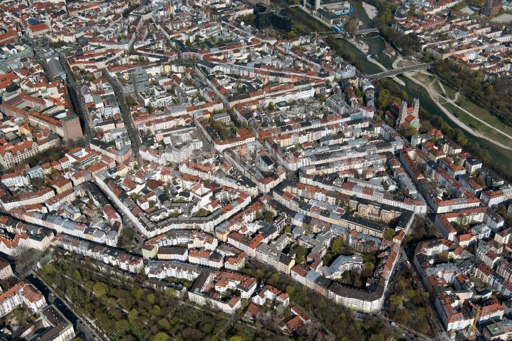 Luftbild München - Stadtteil- Ansicht im Stadtgebiet der Ludwigsvorstadt-Isarvorstadt in München im Bundesland Bayern, Deutschland