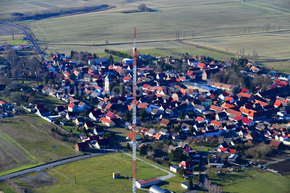 Luftaufnahme Keula - Stahlmast- Funkturm und Sendeanlage als Grundnetzsender in Keula im Bundesland Thüringen, Deutschland