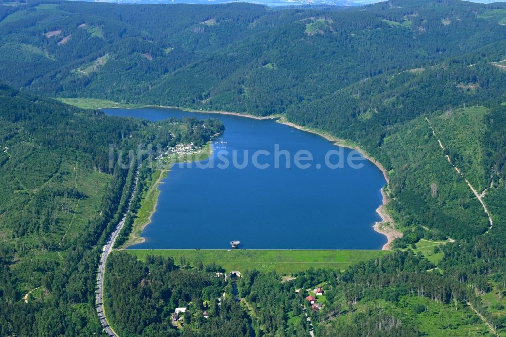 Luftaufnahme Langelsheim - Staumauer der Talsperre Innerstestausee in Langelsheim im Bundesland Niedersachsen, Deutschland