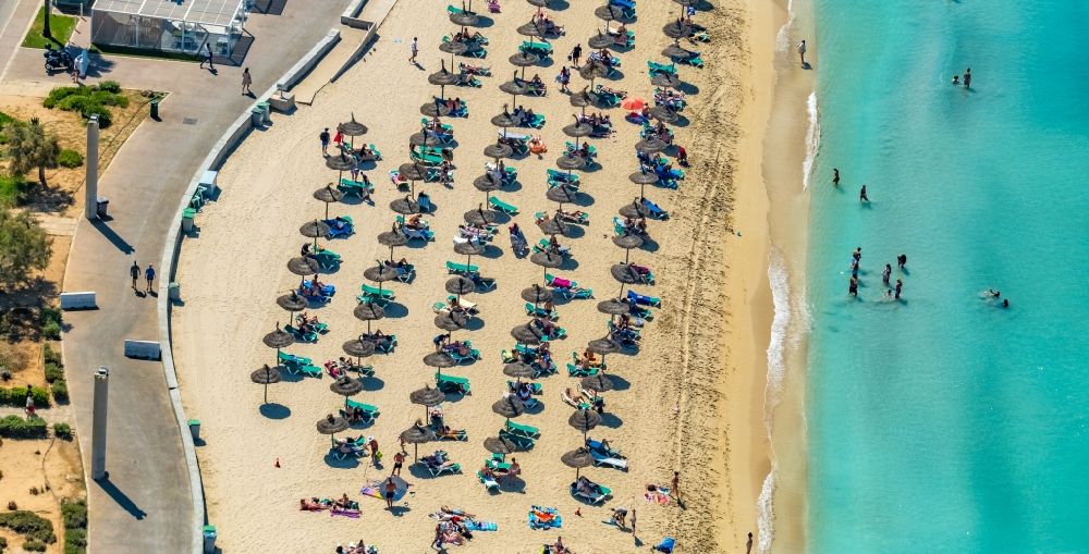 Luftaufnahme Palma - Strandkorb- Reihen am Sand- Strand im Küstenbereich des Ballermann 8 an der Carretera de l'Arenal in Palma in Balearische Insel Mallorca, Spanien