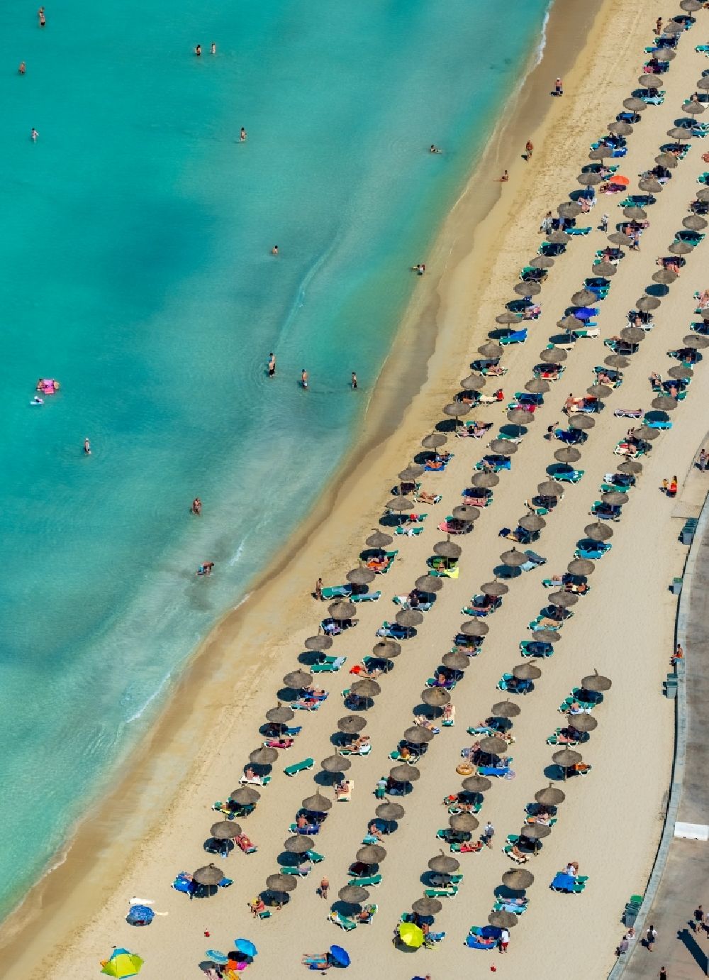 Luftaufnahme Palma - Strandkorb- Reihen am Sand- Strand im Küstenbereich des Ballermann 8 an der Carretera de l'Arenal in Palma in Balearische Insel Mallorca, Spanien