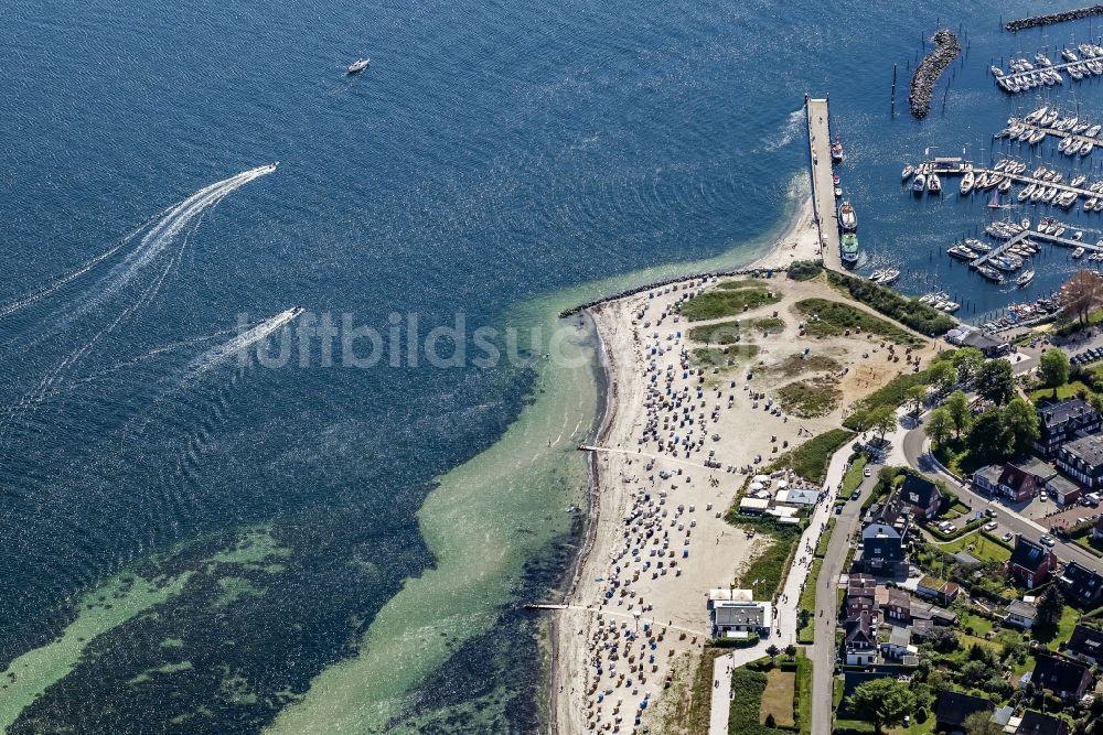 Luftaufnahme Strande - Strandkörbe am Sand- Strand im Küstenbereich in Strande im Bundesland Schleswig-Holstein, Deutschland