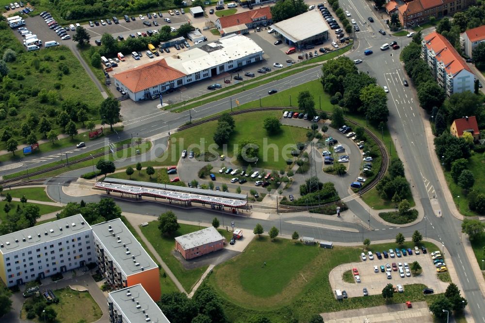 Erfurt aus der Vogelperspektive: Straßenbahn Wendeschleife am Europaplatz in Erfurt im Bundesland Thüringen