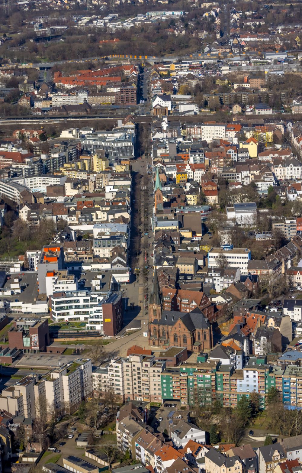 Luftaufnahme Herne - Straßenführung der Flaniermeile Sodinger Straße in Herne im Bundesland Nordrhein-Westfalen, Deutschland