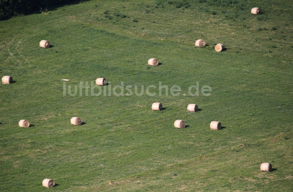 Riechheim von oben - Strohballen- Landschaft auf einem Feld am Ortsrand in Riechheim im Bundesland Thüringen, Deutschland