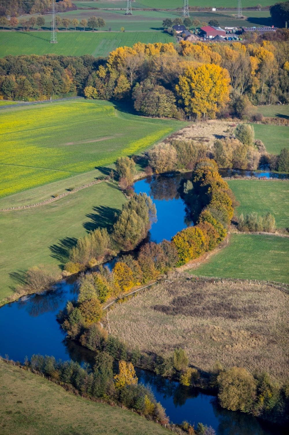 Luftaufnahme Dolberg - Strukturen einer Auen und- Wiesen- Landschaft entlang des Flußverlaufes der Lippe in Dolberg im Bundesland Nordrhein-Westfalen, Deutschland