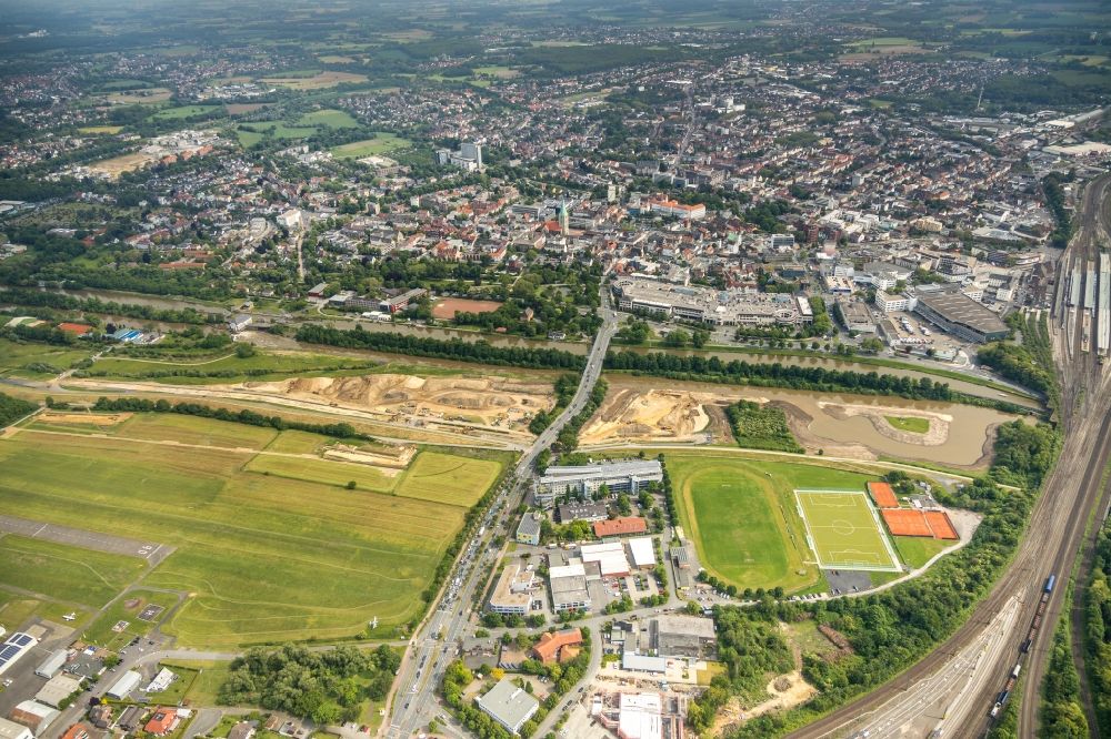 Luftaufnahme Hamm - Strukturen einer Auen und- Wiesen- Landschaft der Lippeauen am Ufer der Lippe in Hamm im Bundesland Nordrhein-Westfalen, Deutschland