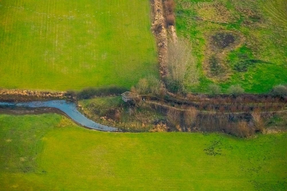 Luftaufnahme Lippborg - Strukturen einer Auen und- Wiesen- Landschaft im Lippetal in Lippborg im Bundesland Nordrhein-Westfalen, Deutschland