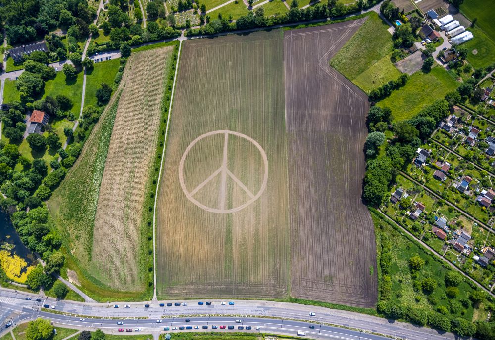 Herne aus der Vogelperspektive: Strukturen auf landwirtschaftlichen Feldern in Form eines Peace - Zeichens in Herne im Bundesland Nordrhein-Westfalen, Deutschland