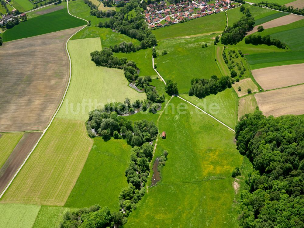 Gutenzell-Hürbel von oben - Strukturen auf landwirtschaftlichen Feldern in Gutenzell-Hürbel im Bundesland Baden-Württemberg, Deutschland