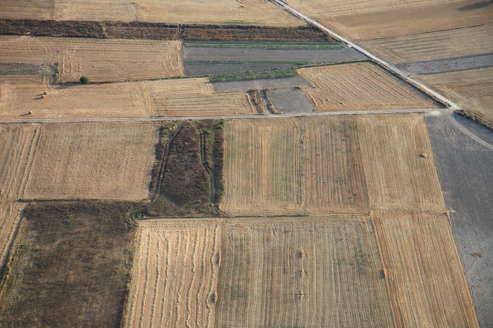 Manacor aus der Vogelperspektive: Strukturen auf landwirtschaftlichen Feldern nach der Ernte auf Mallorca bei Manacor auf der balearischen Mittelmeerinsel Mallorca, Spanien