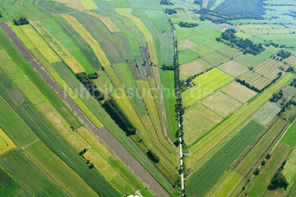 Ovelgönne aus der Vogelperspektive: Strukturen auf landwirtschaftlichen Feldern in Ovelgönne im Bundesland Niedersachsen, Deutschland