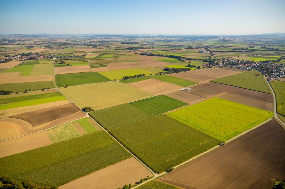 Warburg aus der Vogelperspektive: Strukturen auf landwirtschaftlichen Feldern am Schratweg in Warburg im Bundesland Nordrhein-Westfalen, Deutschland
