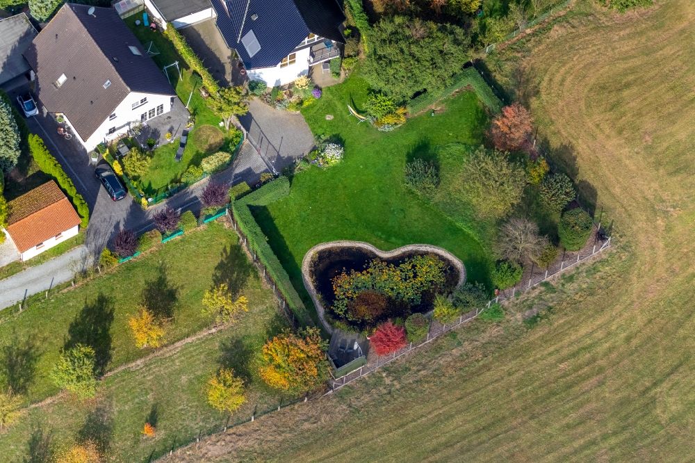Dellwig aus der Vogelperspektive: Tümpel- und Teich Oase in Form eines Herzens in Dellwig im Bundesland Nordrhein-Westfalen, Deutschland