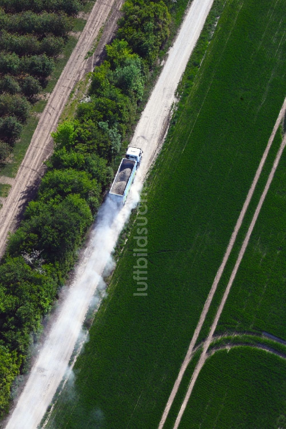 Felchta von oben - Transportfahrzeuge auf landwirtschaftlichen Feldern in Felchta im Bundesland Thüringen, Deutschland