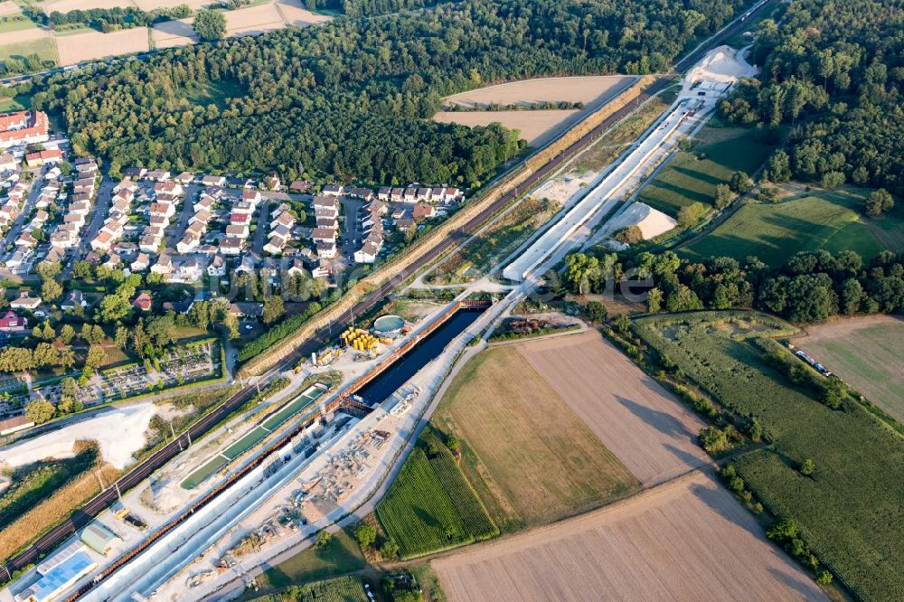 Luftbild Rastatt - Tunnelbaustelle zum Neubau der ICE Strecke im Streckennetz der Deutschen Bahn in Rastatt im Bundesland Baden-Württemberg, Deutschland
