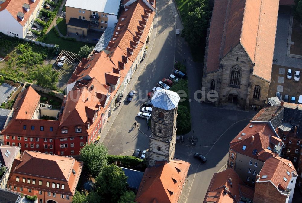 Luftbild Erfurt - Turm der Paulskirche und Portal der Predigerkirche in der Altstadt von Erfurt im Bundesland Thüringen