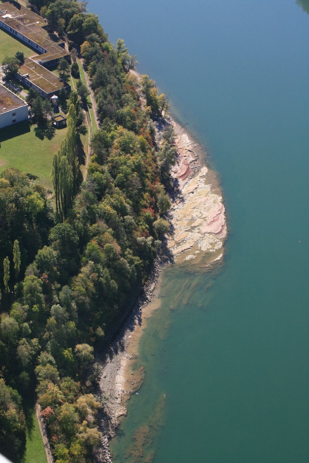Stein aus der Vogelperspektive: Uferbereich des Rheins mit sichtbaren Felsformationen bei Niedrigwasser in Stein im Kanton Aargau, Schweiz