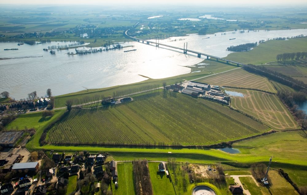 Rees von oben - Uferbereiche mit durch Hochwasser- Pegel überfluteten Flußbett des Flusses Rhein im Süden von Rees im Bundesland Nordrhein-Westfalen