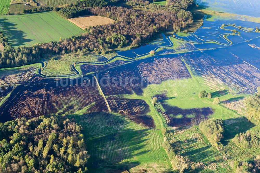 Luftbild Fredenbeck - Uferbereiche mit durch Hochwasser- Pegel überfluteten Flußbett der Schwinge in Fredenbeck im Bundesland Niedersachsen, Deutschland