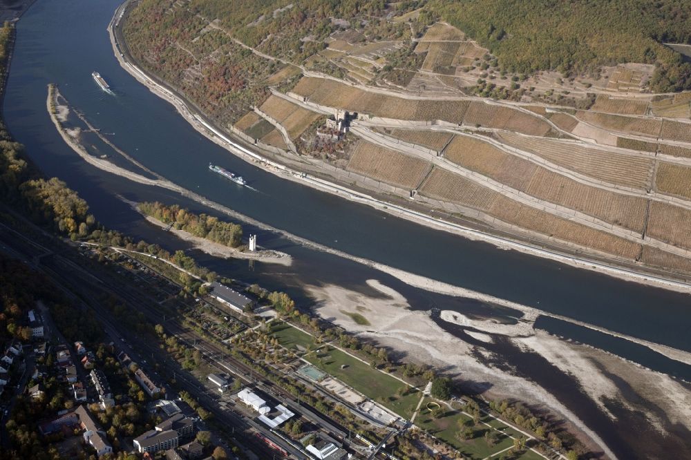 Luftbild Bingen am Rhein - Uferbereiche mit durch Niedrig- Wasser- Pegel freigelegtem Flußbett im Rhein in Bingen am Rhein im Bundesland Rheinland-Pfalz, Deutschland