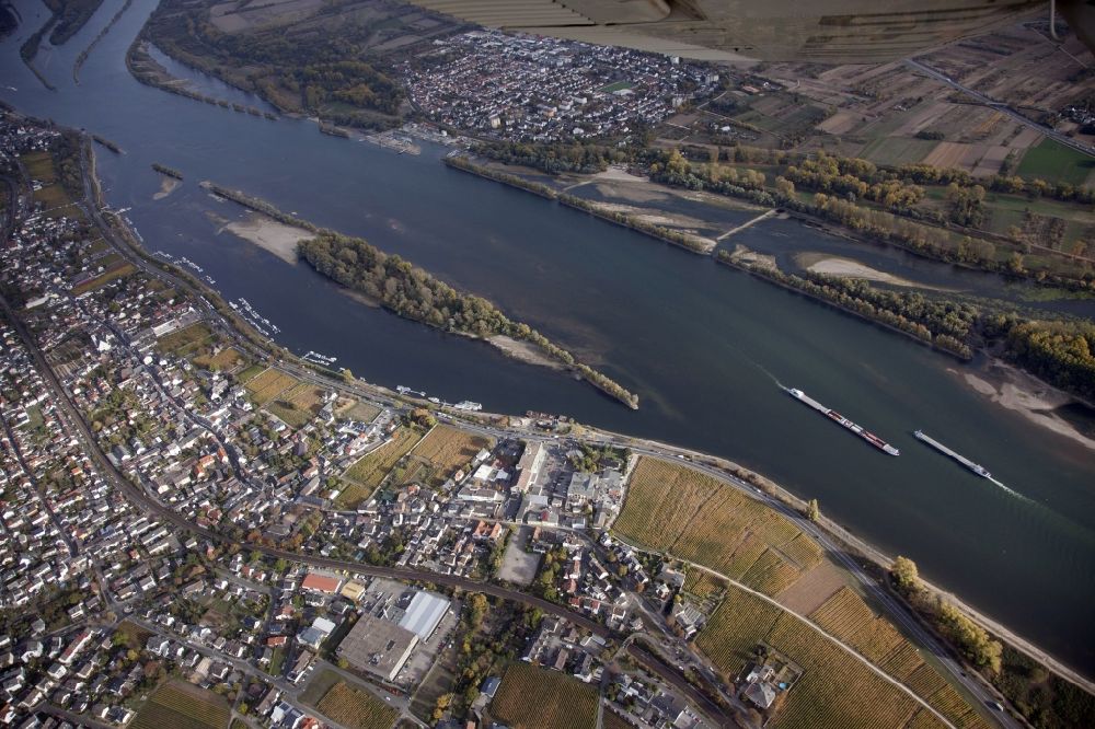 Luftaufnahme Oestrich-Winkel - Uferbereiche mit durch Niedrig- Wasser- Pegel freigelegten Flußbett im Rhein in Oestrich-Winkel im Bundesland Hessen, Deutschland