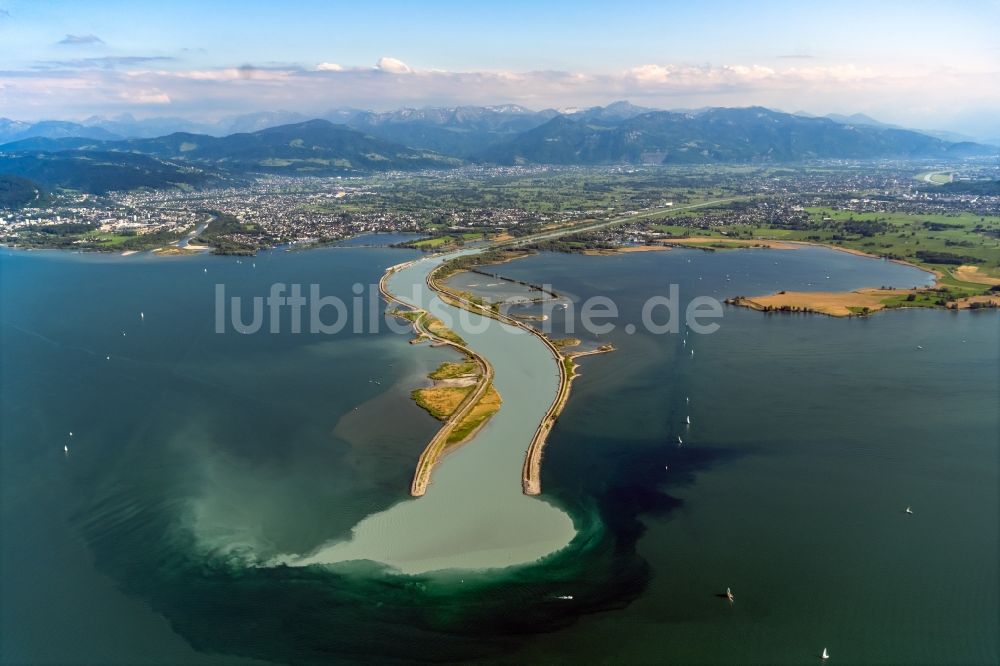 Hard aus der Vogelperspektive: Uferbereiche entlang der Fluss- Mündung des Rhein in den Bodensee in Hard in Vorarlberg, Österreich
