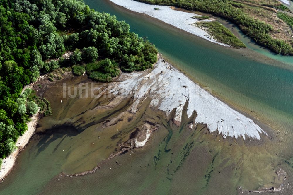 Luftaufnahme Hard - Uferbereiche entlang der Fluss- Mündung der Bregenzerach in den Bodensee in Hard in Vorarlberg, Österreich