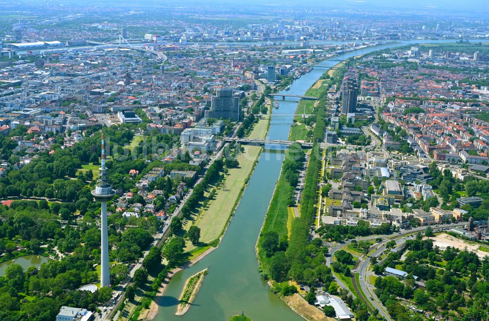 Mannheim aus der Vogelperspektive: Uferbereiche am Flußverlauf des Neckar in Mannheim im Bundesland Baden-Württemberg, Deutschland