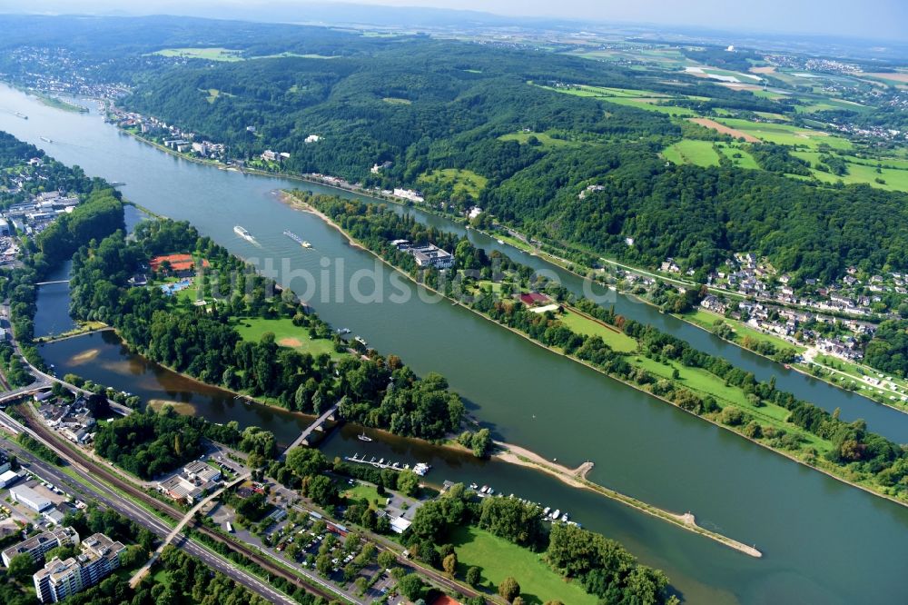 Luftaufnahme Bad Honnef - Uferbereiche am Flußverlauf des Rhein in Bad Honnef im Bundesland Nordrhein-Westfalen, Deutschland