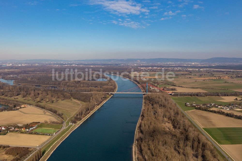 Luftbild Speyer - Uferbereiche am Flußverlauf des Rhein mit Brücke der Autobahn A61 in Speyer im Bundesland Rheinland-Pfalz, Deutschland