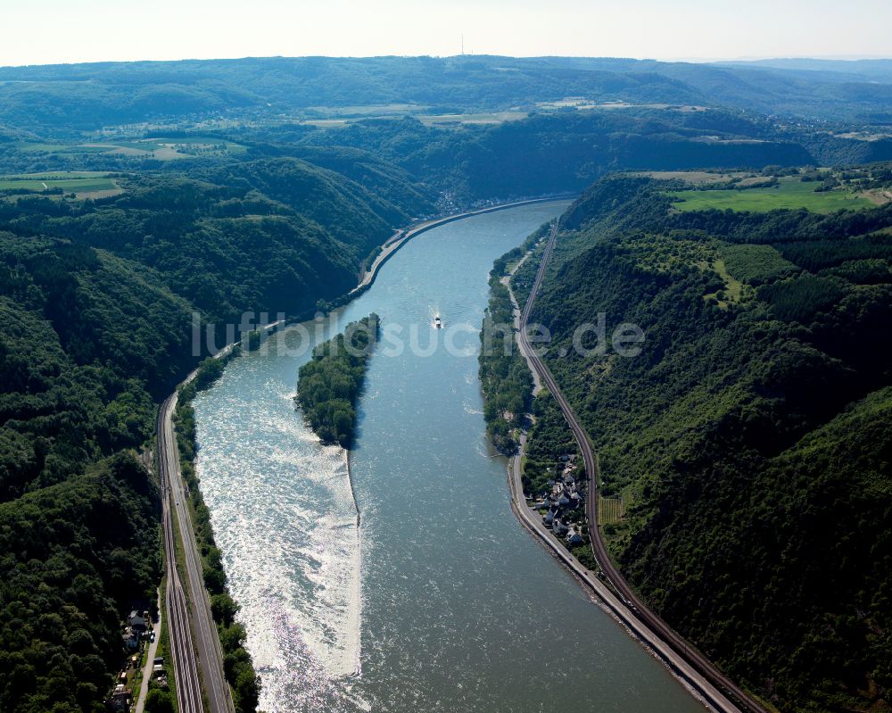 Luftaufnahme Fellen - Uferbereiche am Flußverlauf des Rhein in Fellen im Bundesland Rheinland-Pfalz, Deutschland