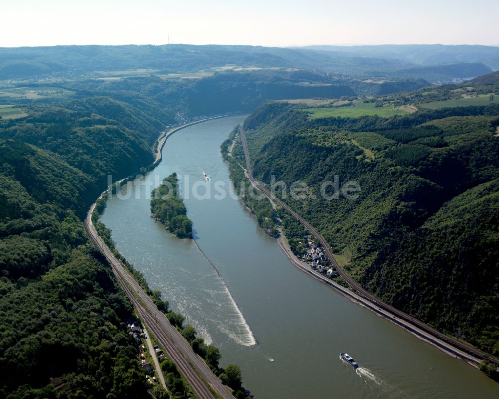 Fellen aus der Vogelperspektive: Uferbereiche am Flußverlauf des Rhein in Fellen im Bundesland Rheinland-Pfalz, Deutschland