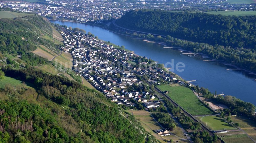 Leutesdorf von oben - Uferbereiche am Flußverlauf des Rhein in Leutesdorf im Bundesland Rheinland-Pfalz, Deutschland