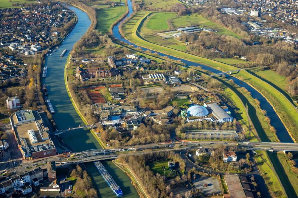 Dorsten aus der Vogelperspektive: Uferbereiche am Flußverlauf Wesel-Datteln-Kanal und Lippe in Dorsten im Bundesland Nordrhein-Westfalen, Deutschland