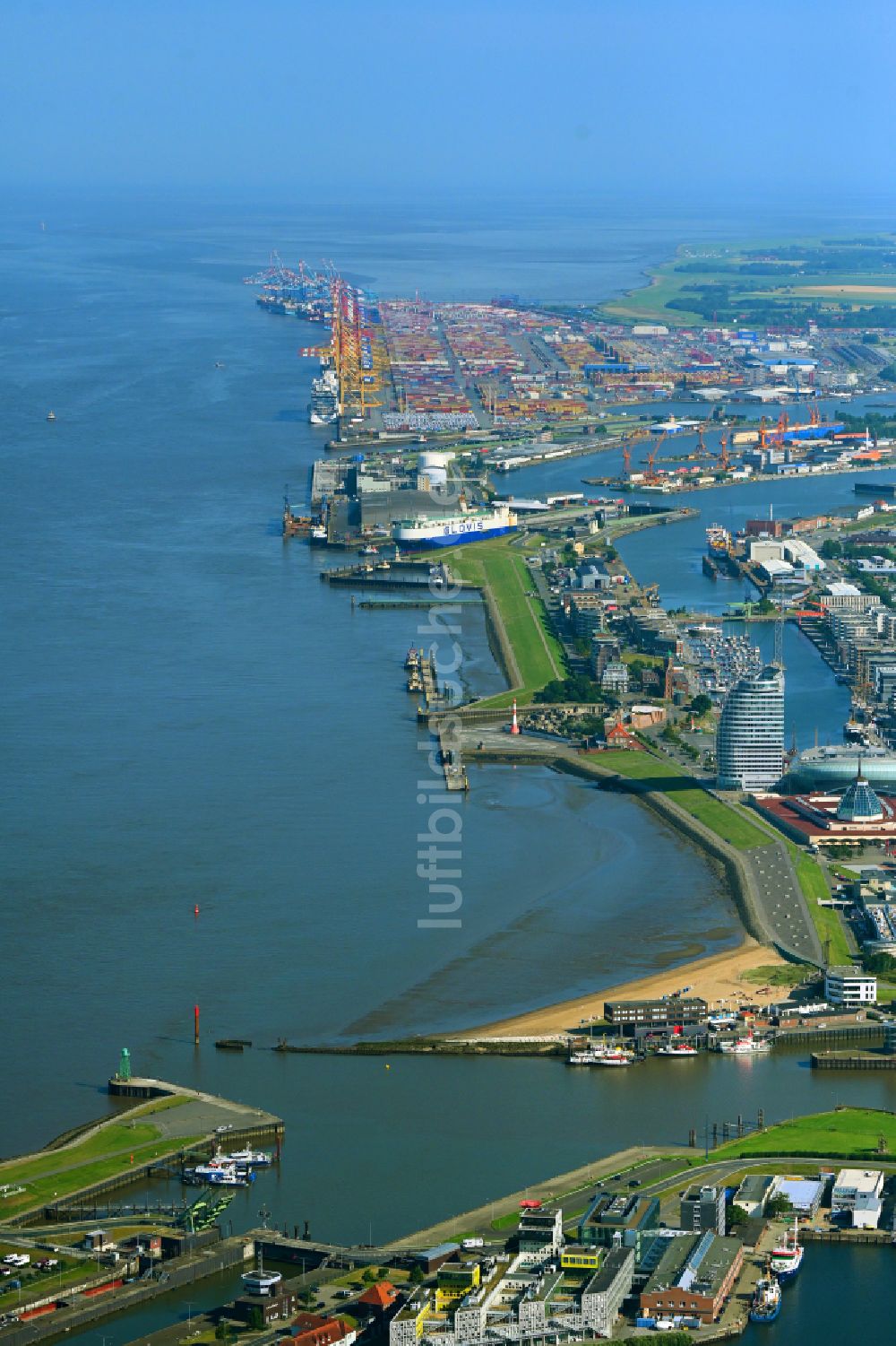 Luftbild Bremerhaven - Uferbereiche am Flußverlauf der Weser in Bremerhaven im Bundesland Bremen, Deutschland