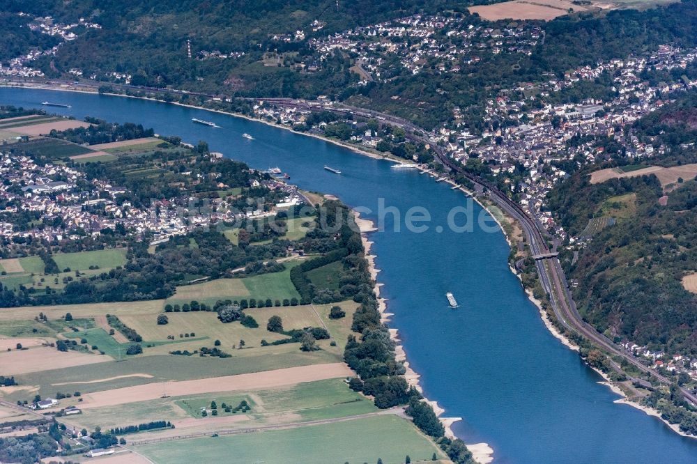 Luftaufnahme Bad Hönningen - Uferbereiche am Flußverlauf zwischen Bad Breisig und Bad Hönningen im Bundesland Rheinland-Pfalz