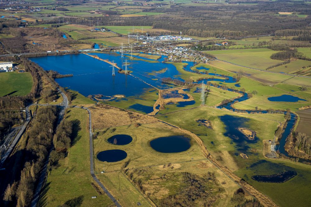 Luftbild Norddinker - Uferbereiche des Hochwasser- Pegel überfluteten Flussbettes der Lippe in Schmehausen im Bundesland Nordrhein-Westfalen, Deutschland