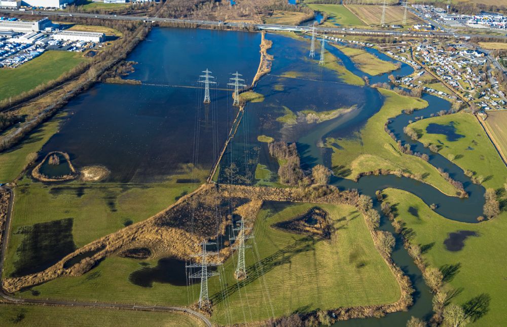 Luftaufnahme Norddinker - Uferbereiche des Hochwasser- Pegel überfluteten Flussbettes der Lippe in Schmehausen im Bundesland Nordrhein-Westfalen, Deutschland
