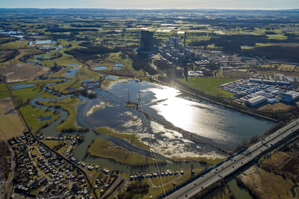 Luftbild Norddinker - Uferbereiche des Hochwasser- Pegel überfluteten Flussbettes der Lippe in Schmehausen im Bundesland Nordrhein-Westfalen, Deutschland