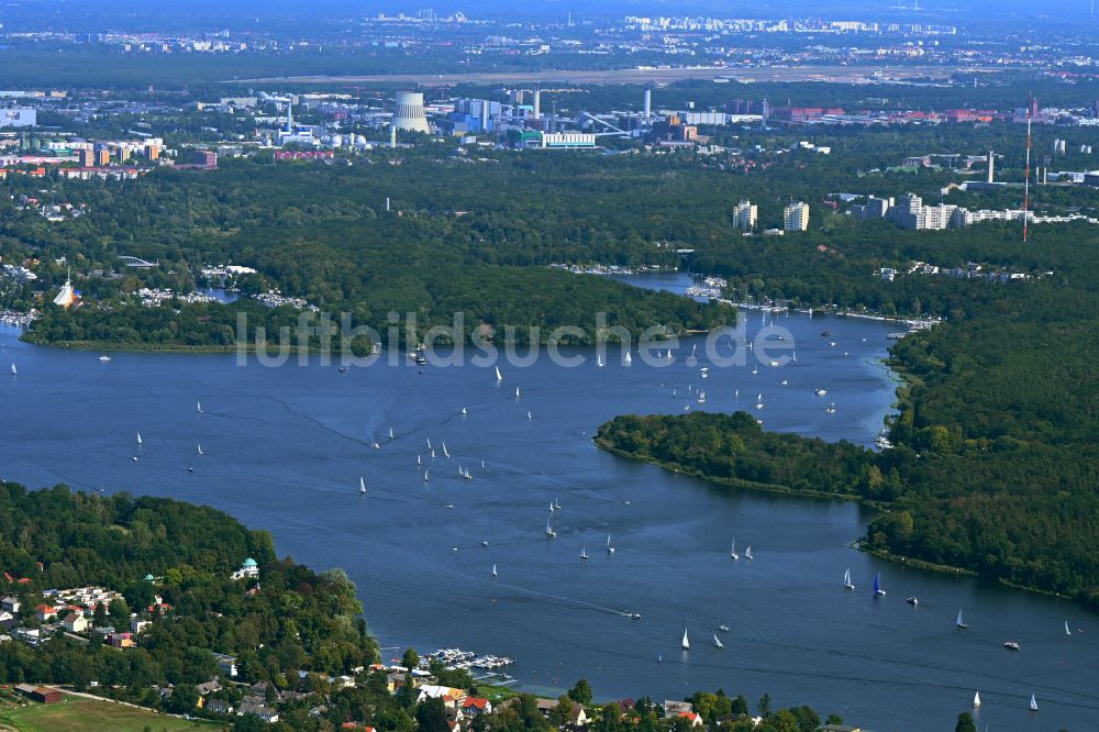 Luftaufnahme Berlin - Uferbereiche des Sees der Havel in einem Waldgebiet in Berlin, Deutschland