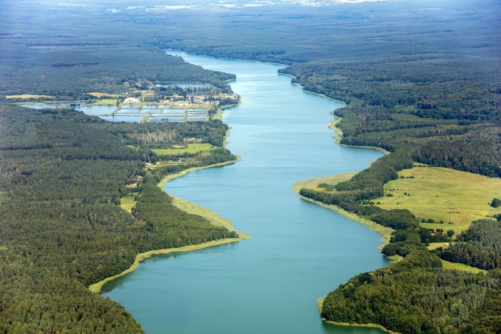 Luftaufnahme Pilawki - Uferbereiche des Sees Jezioro Drweckie - Drewenzer See in einem Waldgebiet in Pilawki in Warminsko-Mazurskie - Ermland-Masuren, Polen