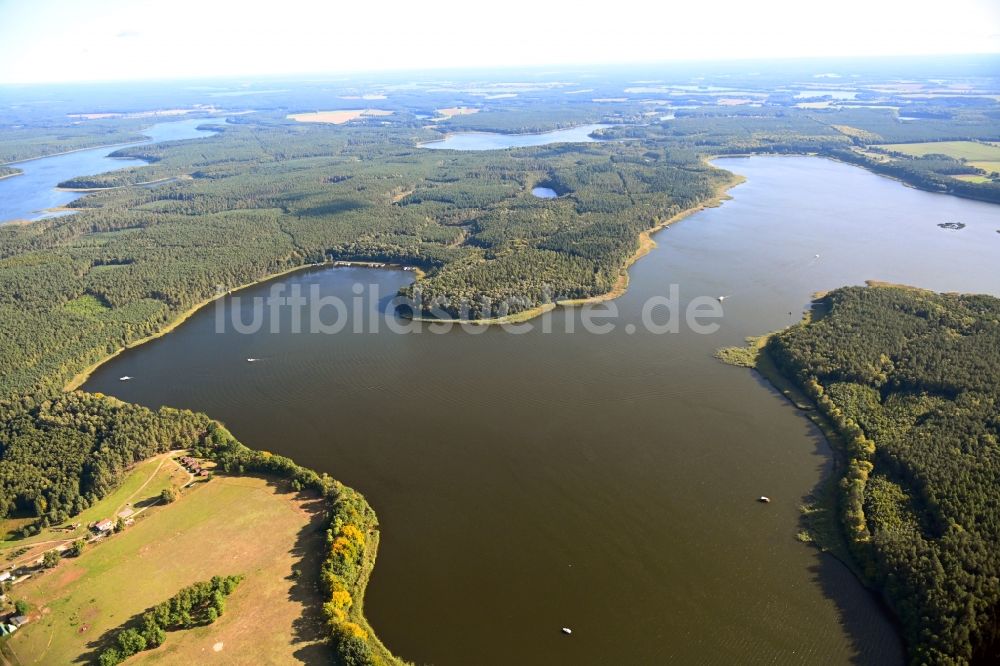 Canow von oben - Uferbereiche des Sees Labussee in einem Waldgebiet in Canow im Bundesland Mecklenburg-Vorpommern, Deutschland