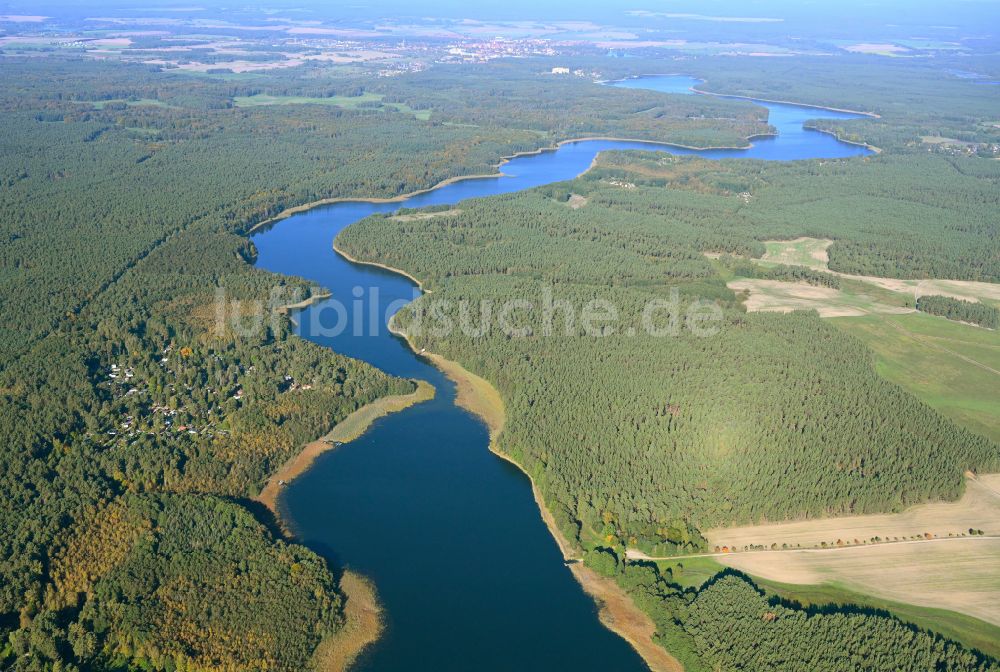 Templin aus der Vogelperspektive: Uferbereiche des Sees Lübbesee in einem Waldgebiet in Templin im Bundesland Brandenburg, Deutschland
