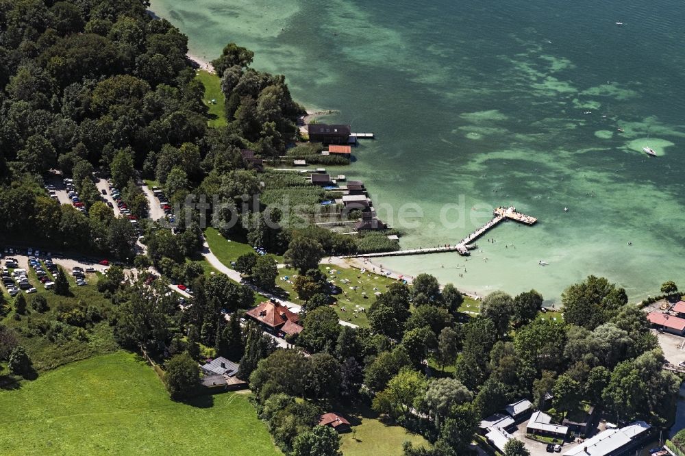 Luftbild Starnberg - Uferbereiche des Sees Starnberger See, Badewiese und Bootshütten in Percha in Starnberg im Bundesland Bayern, Deutschland