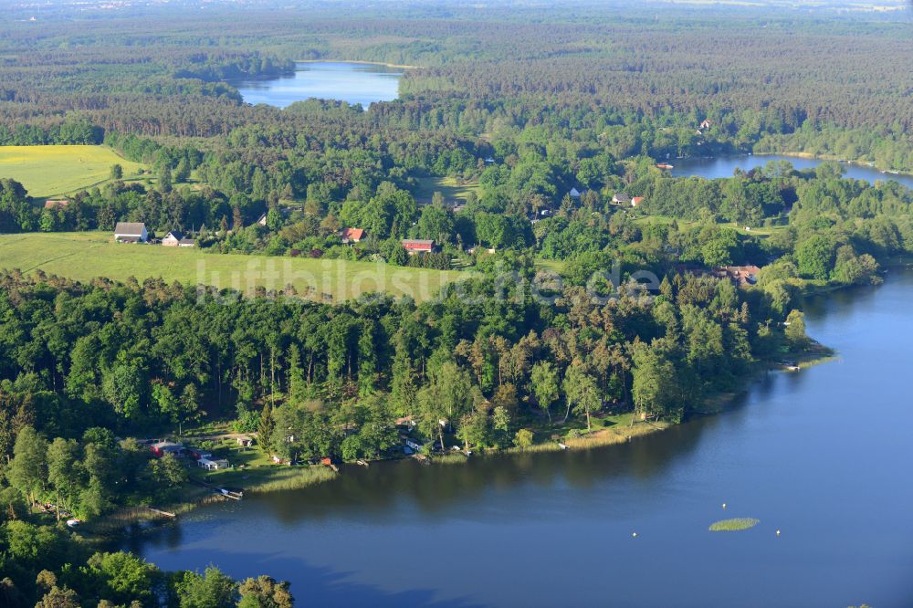 Luftaufnahme Krangen - Uferbereiche des Sees Zermützelsee in einem Waldgebiet in Krangen im Bundesland Brandenburg, Deutschland