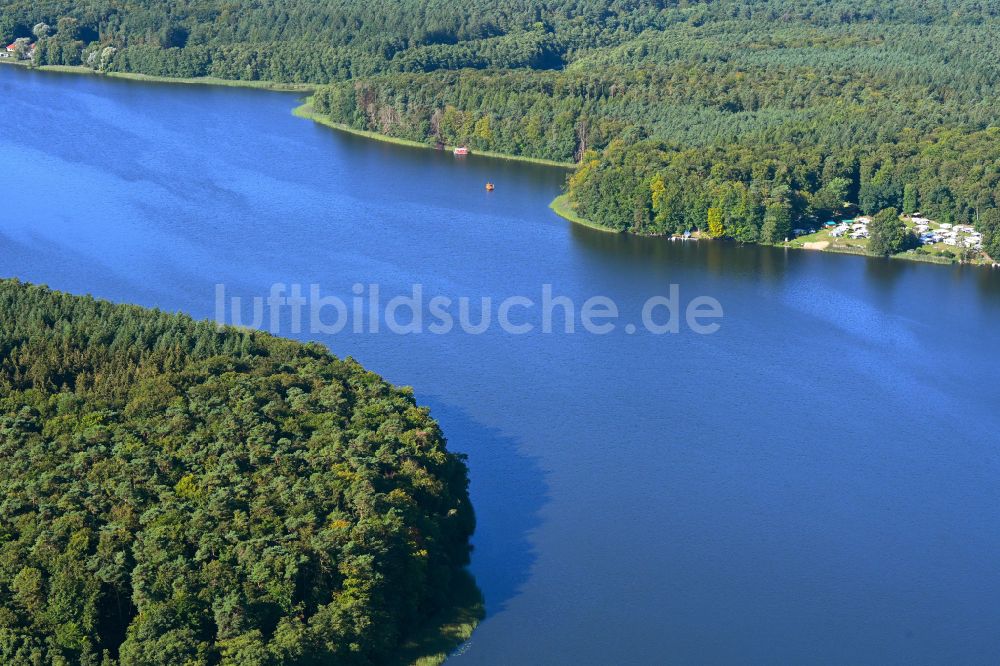 Krangen aus der Vogelperspektive: Uferbereiche des Sees Zermützelsee in einem Waldgebiet in Krangen im Bundesland Brandenburg, Deutschland